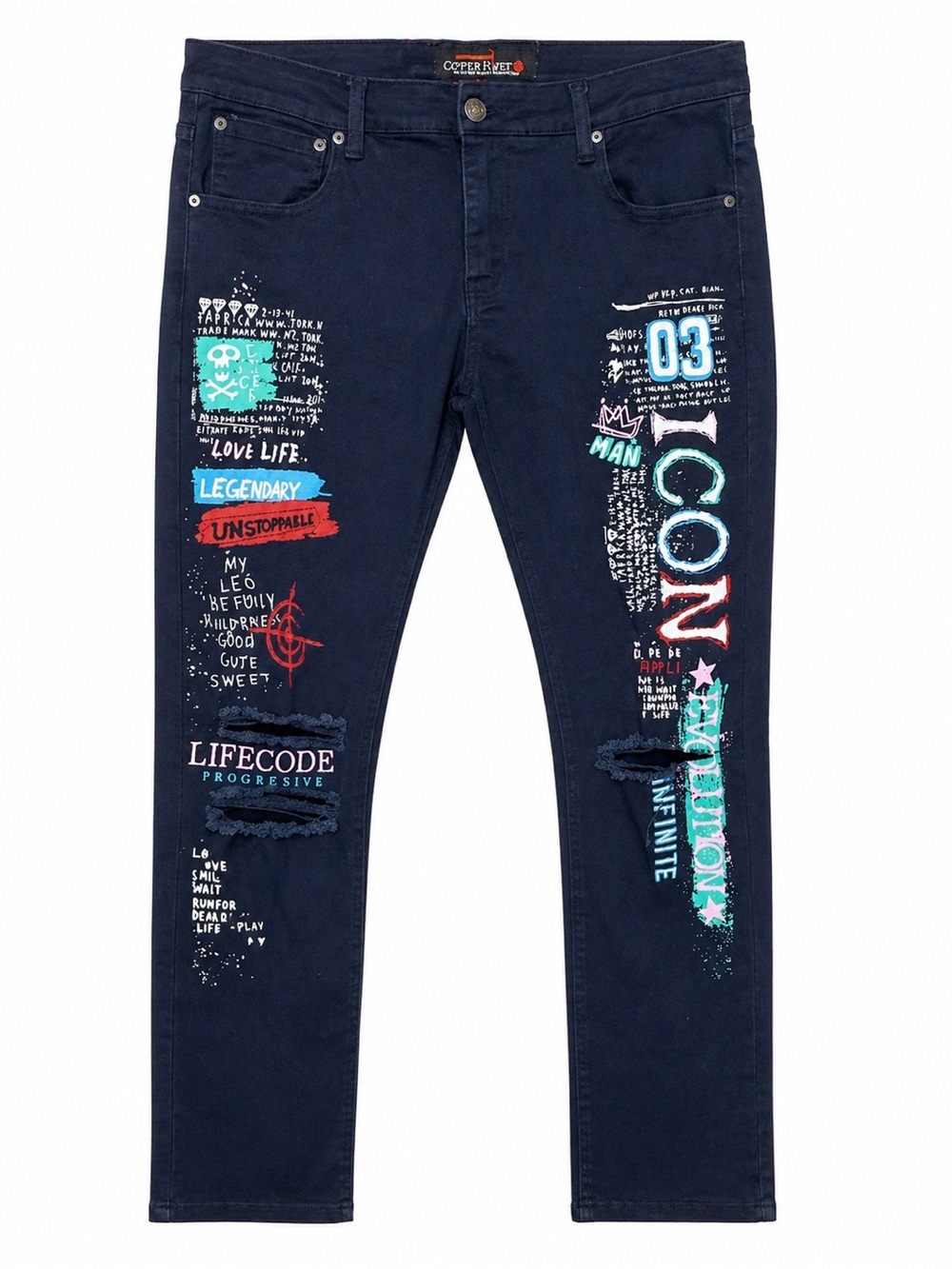 Copper Rivet Graphic Jeans Men’s 38x34 Dark Navy Stretch Distressed Streetwear